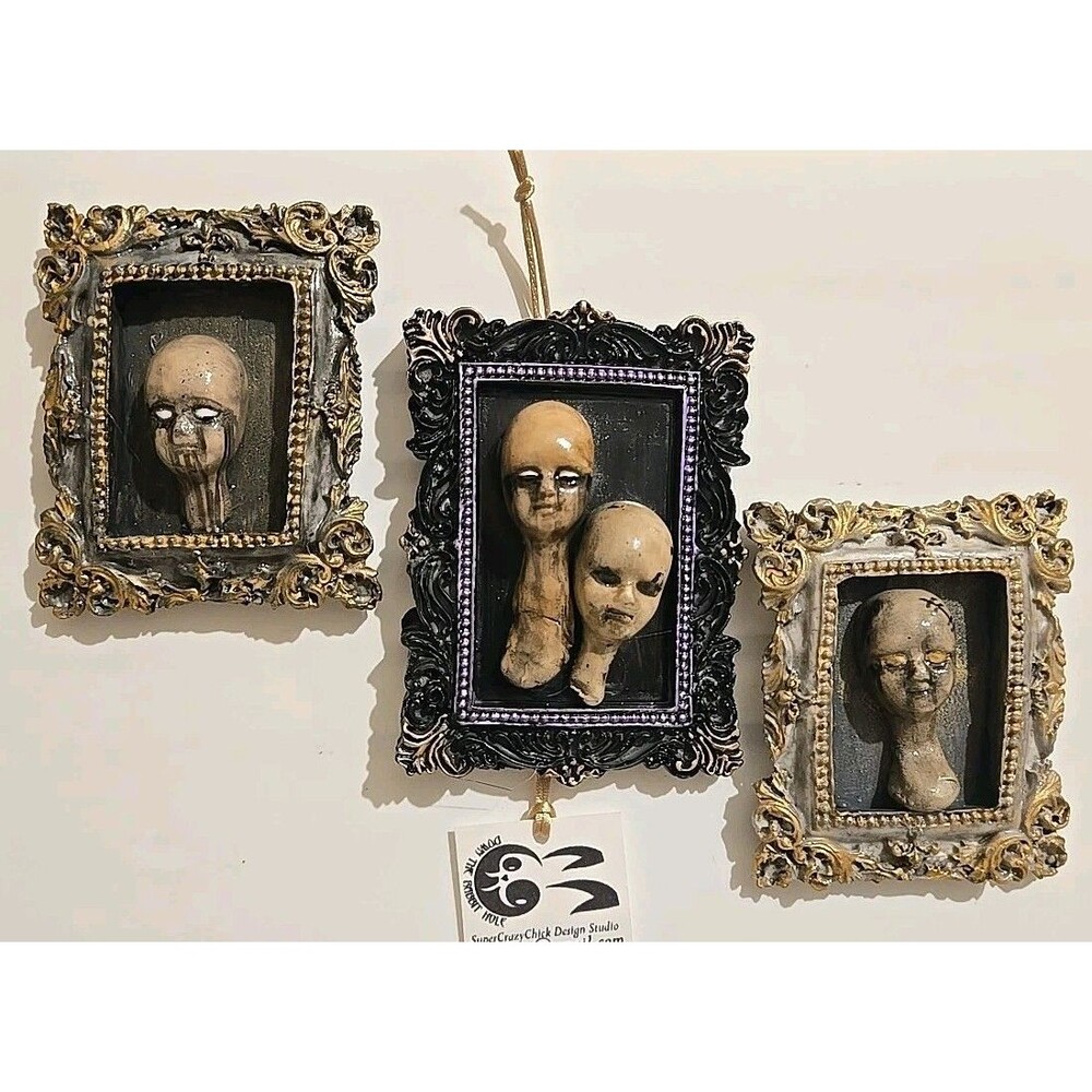 OOAK HM Oddity Art Sculpt Framed Evil Possessed BabyDoll Heads, Lot of 3 Magnets